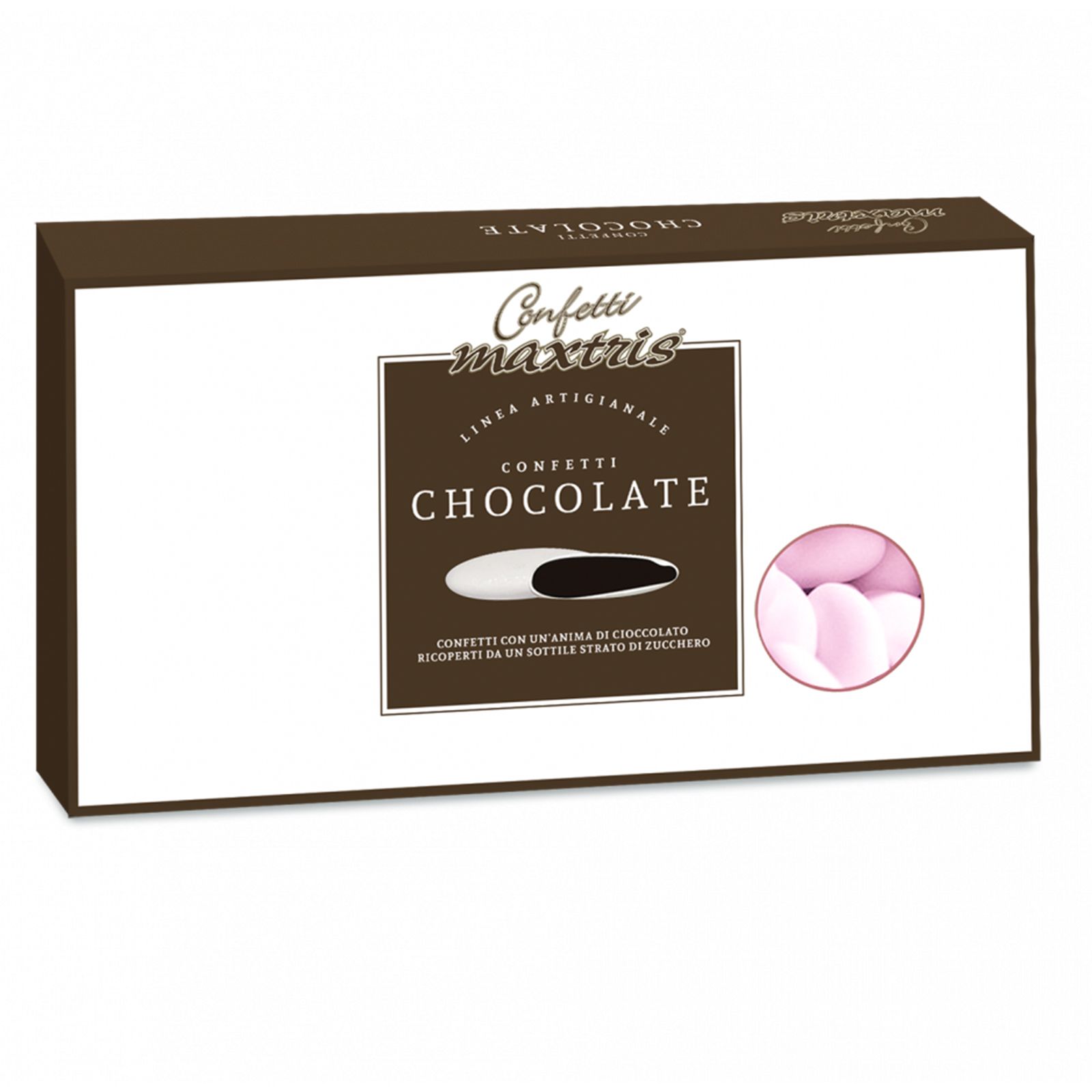 Confetti classici al cioccolato fondente da Maxtris rosa in confezione da 1 Kg. Confetti rosa ideali per confezionare sacchetti e bomboniere o per allestire una confettata.