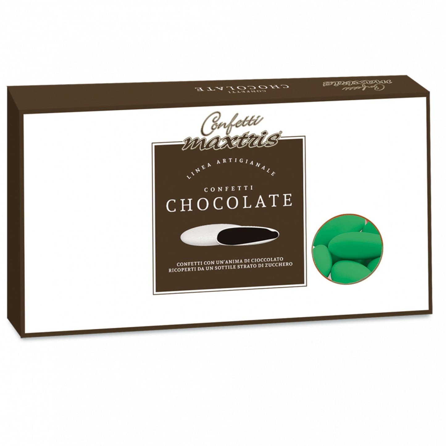 Confetti classici al cioccolato fondente da Maxtris verde in confezione da 1 Kg. Confetti rosa ideali per confezionare sacchetti e bomboniere o per allestire una confettata.