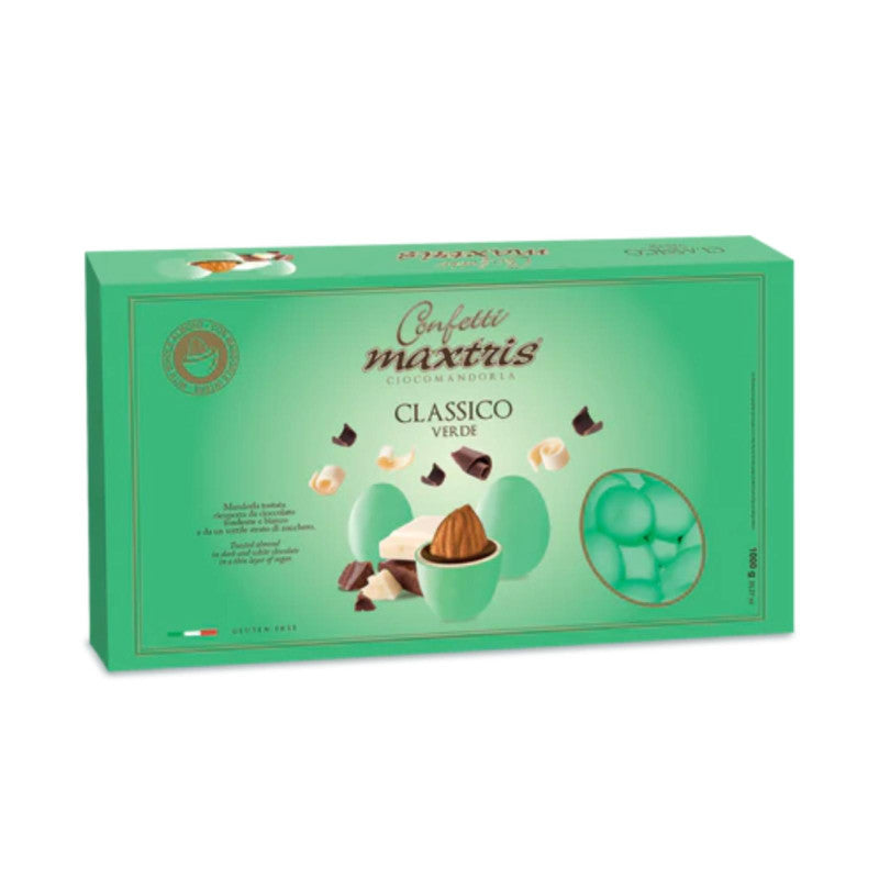 Confetti  color verde alla mandorla tostata ricoperta da cioccolato fondente e bianco e da un sottile strato di zucchero.